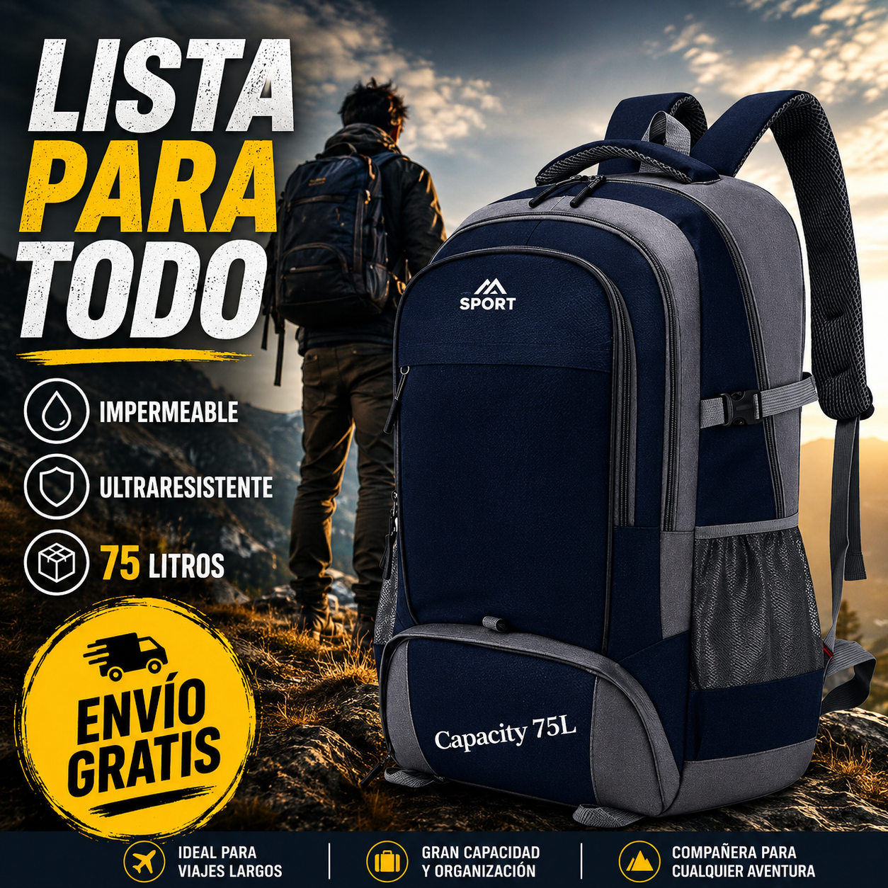 SPORT 75 LITROS | MOCHILA DE VIAJE GRANDE IMPERMEABLE Y ULTRARESISTENTE