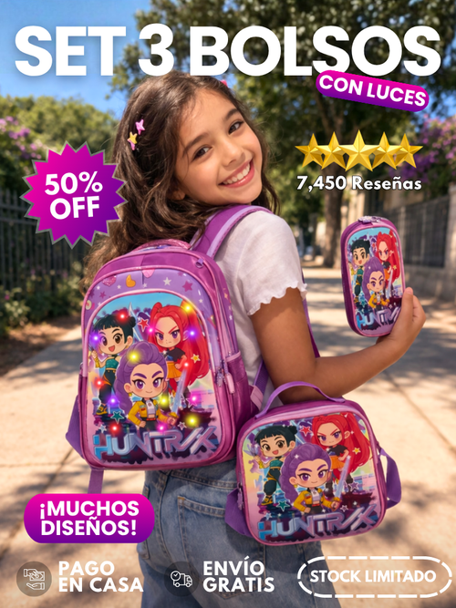 SET 3 EN 1 BOLSO CON LUZ LED + LONCHERA + CARTUCHERA | 50% DE DESCUENTO + ENVÍO GRATIS