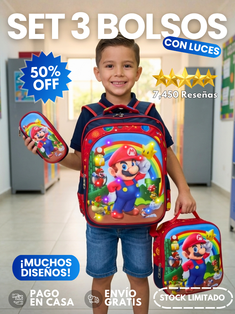 SET 3 EN 1 BOLSO + LONCHERA + CARTUCHERA | 50% DE DESCUENTO + ENVÍO GRATIS