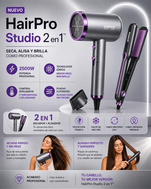 HairPro Studio 2 en 1™| SET SECADOR PROFESIONAL + PLANCHA 50% DE DESCUENTO + ENVÍO GRATIS